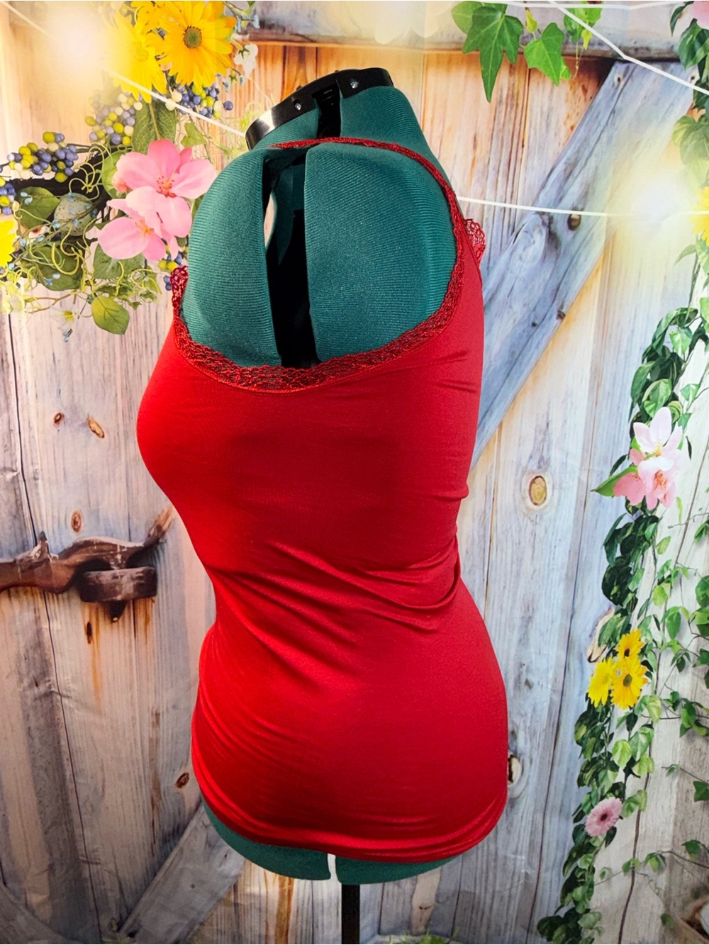827-Kathy Curvy Lace-Trim Red Camisole Tank Top - Picture 3 of 5